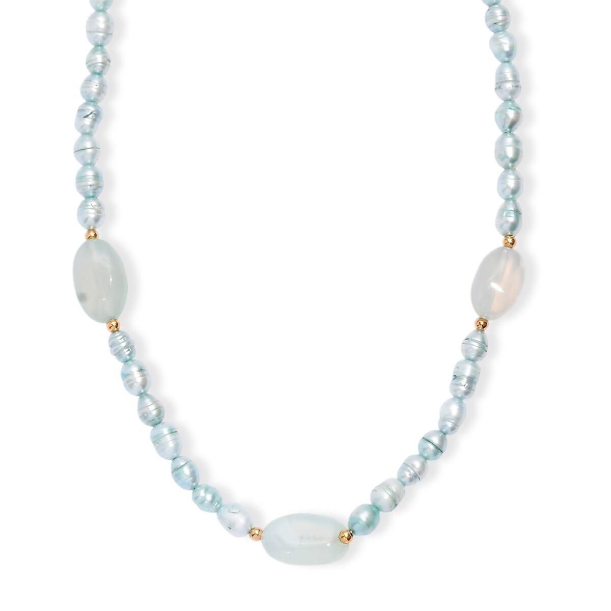 Blue Chalcedony Enhanced 75.00 ctw and Blue Pearl (D) Necklace in ION Plated YG Stainless Steel 24 Inches image number 0