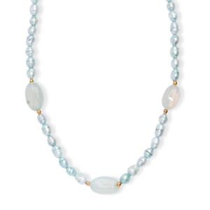 Blue Chalcedony Enhanced 75.00 ctw and Blue Pearl (D) Necklace in ION Plated YG Stainless Steel 24 Inches