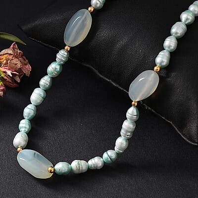 Blue Chalcedony Enhanced 75.00 ctw and Blue Pearl (D) Necklace in ION Plated YG Stainless Steel 24 Inches