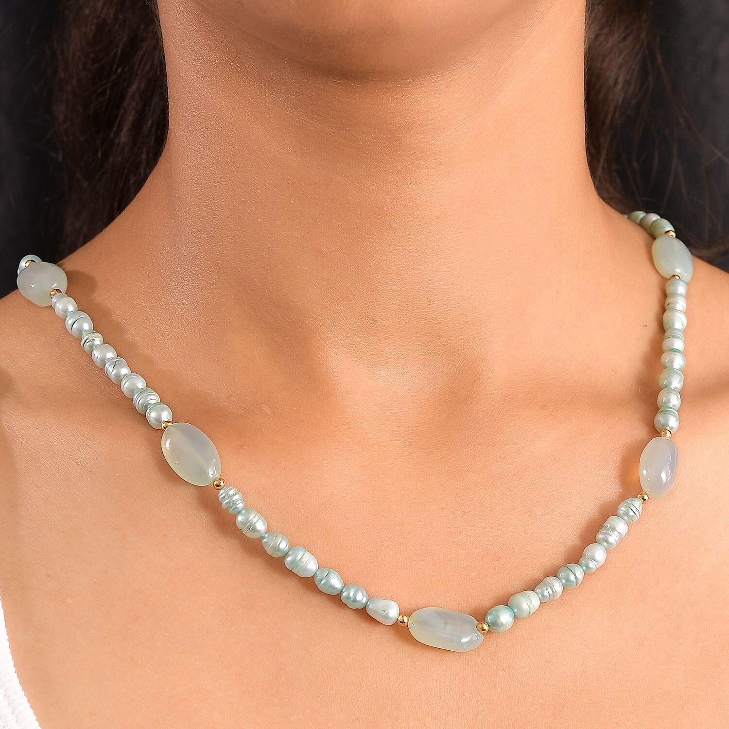 Blue Chalcedony Enhanced 75.00 ctw and Blue Pearl (D) Necklace in ION Plated YG Stainless Steel 24 Inches