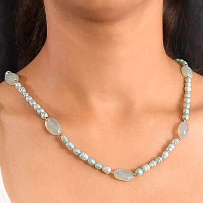 Blue Chalcedony Enhanced 75.00 ctw and Blue Pearl (D) Necklace in ION Plated YG Stainless Steel 24 Inches