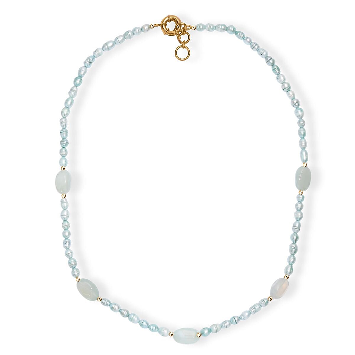Blue Chalcedony Enhanced 75.00 ctw and Blue Pearl (D) Necklace in ION Plated YG Stainless Steel 24 Inches