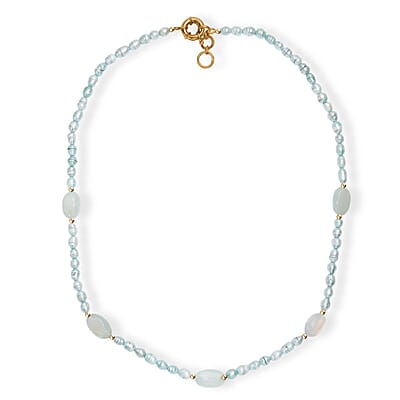 Blue Chalcedony Enhanced 75.00 ctw and Blue Pearl (D) Necklace in ION Plated YG Stainless Steel 24 Inches