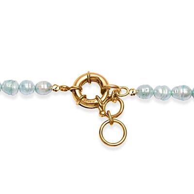 Blue Chalcedony Enhanced 75.00 ctw and Blue Pearl (D) Necklace in ION Plated YG Stainless Steel 24 Inches
