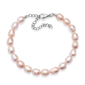 Peach Freshwater Pearl Bracelet in Stainless Steel (7.25-9.25In)