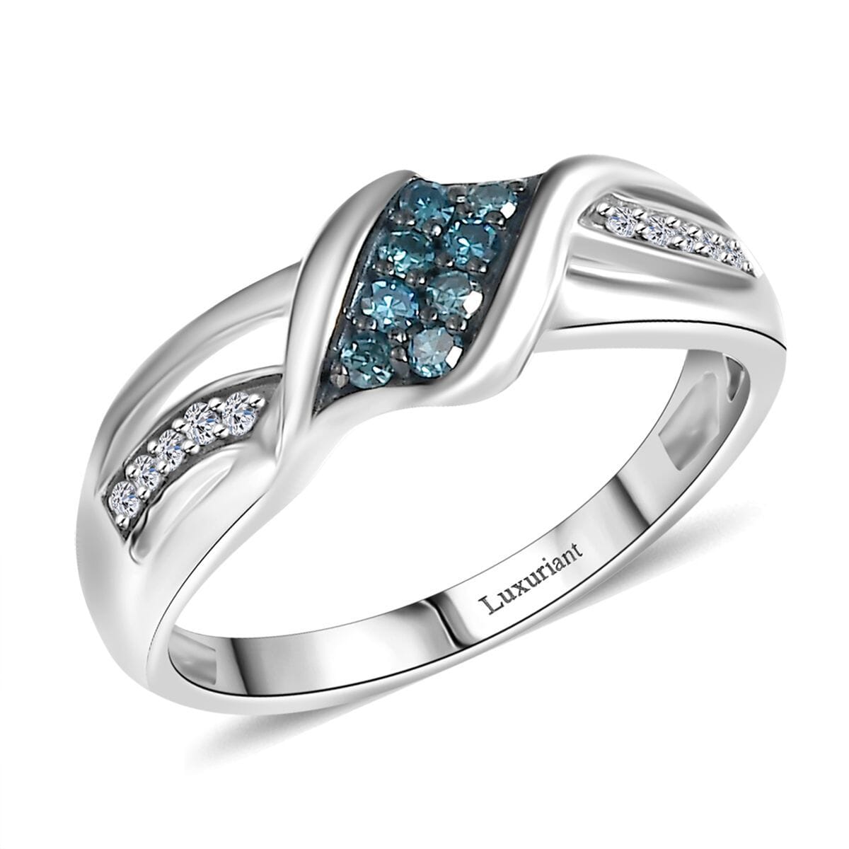 Luxuriant Lab Grown Blue and White Diamond SI 0.20 ctw Ocean Crest Ring in Rhodium Over Sterling Silver (Size 10.0) 0 image number 0