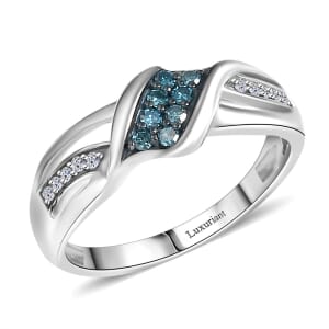 Luxuriant Lab Grown Blue and White Diamond SI 0.20 ctw Ocean Crest Ring in Rhodium Over Sterling Silver (Size 10.0) 0