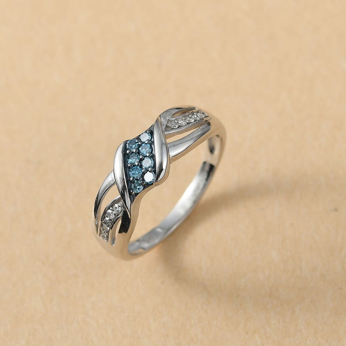 Luxuriant Lab Grown Blue and White Diamond SI 0.20 ctw Ocean Crest Ring in Rhodium Over Sterling Silver (Size 10.0) 0 image number 1