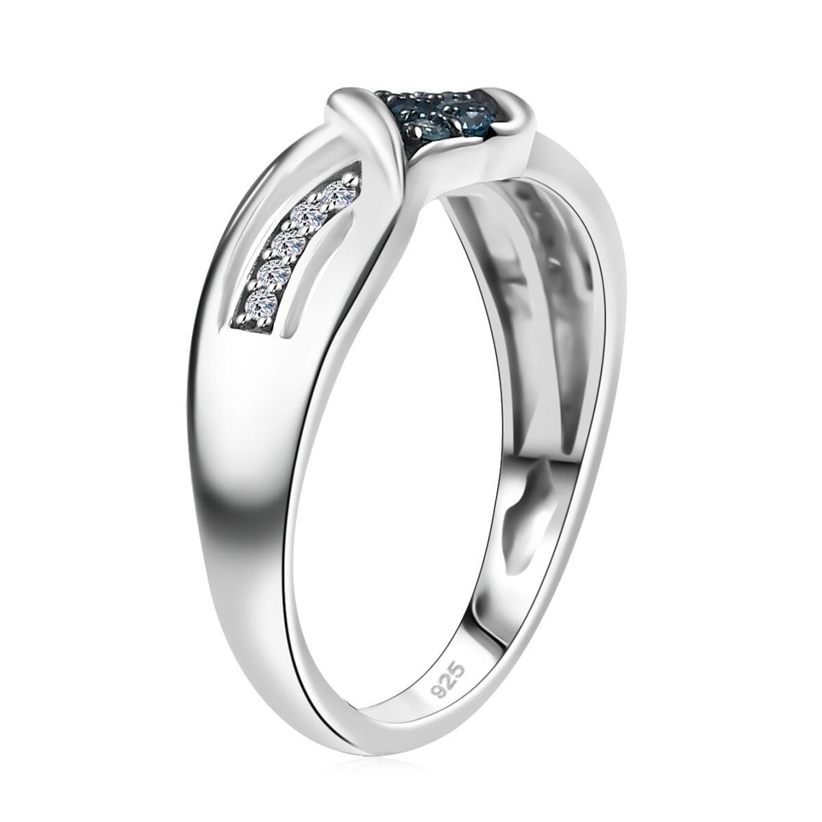 Luxuriant Lab Grown Blue and White Diamond SI 0.20 ctw Ocean Crest Ring in Rhodium Over Sterling Silver (Size 10.0) 0 image number 3