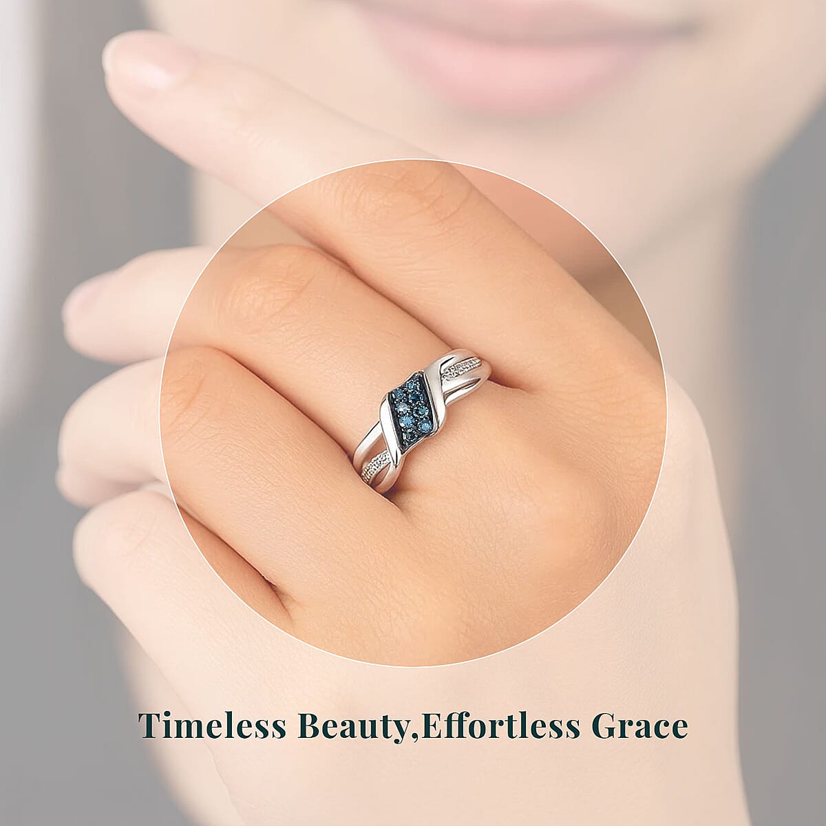 Luxuriant Lab Grown Blue Diamond (IR) and Lab Grown White Diamond SI 0.20 ctw Ocean Crest Ring in Rhodium Over Sterling Silver (Size 6.0) image number 1