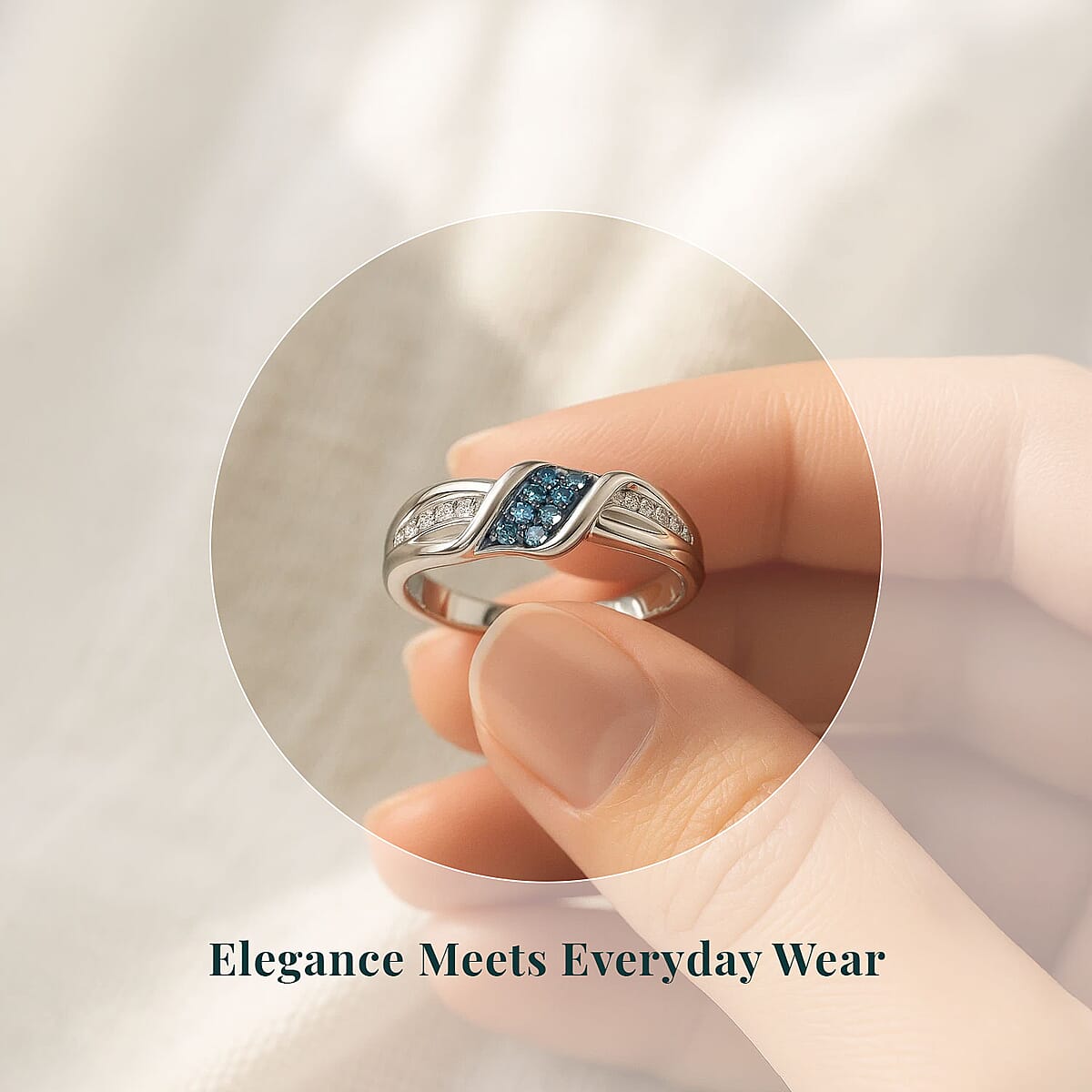 Luxuriant Lab Grown Blue Diamond (IR) and Lab Grown White Diamond SI 0.20 ctw Ocean Crest Ring in Rhodium Over Sterling Silver (Size 6.0) image number 5