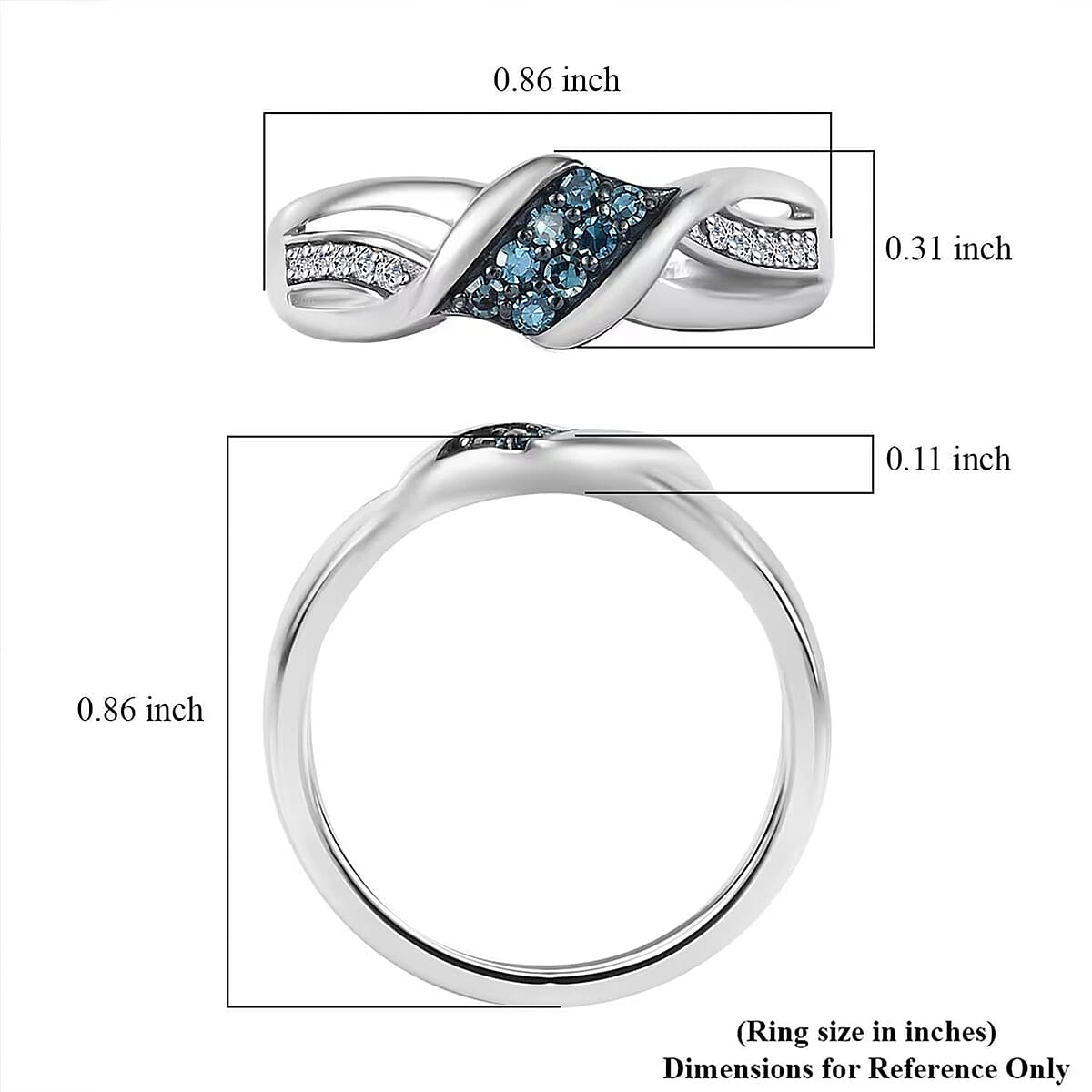 Luxuriant Lab Grown Blue Diamond (IR) and Lab Grown White Diamond SI 0.20 ctw Ocean Crest Ring in Rhodium Over Sterling Silver (Size 6.0) image number 6