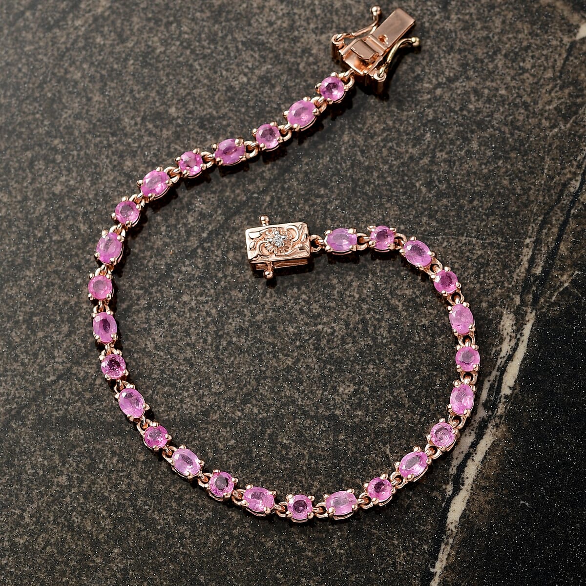 D'Joy Ilakaka Hot Pink Sapphire (FF) and Moissanite 10.00 ctw Floral Bracelet in 18K Vermeil Rose Gold Over Sterling Silv (6.50 In) image number 1