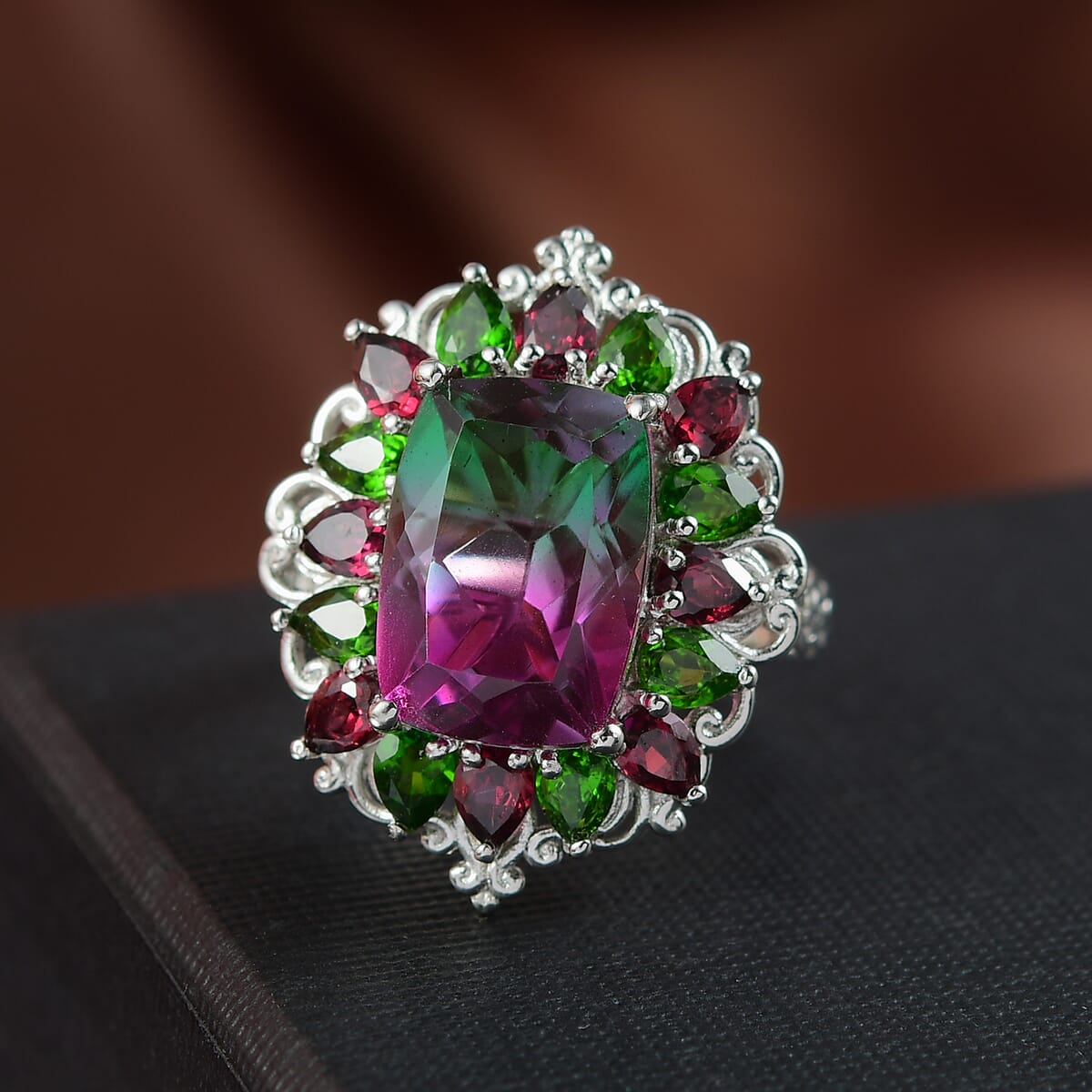 Ever True Watermelon Quartz (Triplet) and Multi Gemstone 10.25 ctw Garden of Glamour Ring in Platinum Bond (Size 10.0) image number 1