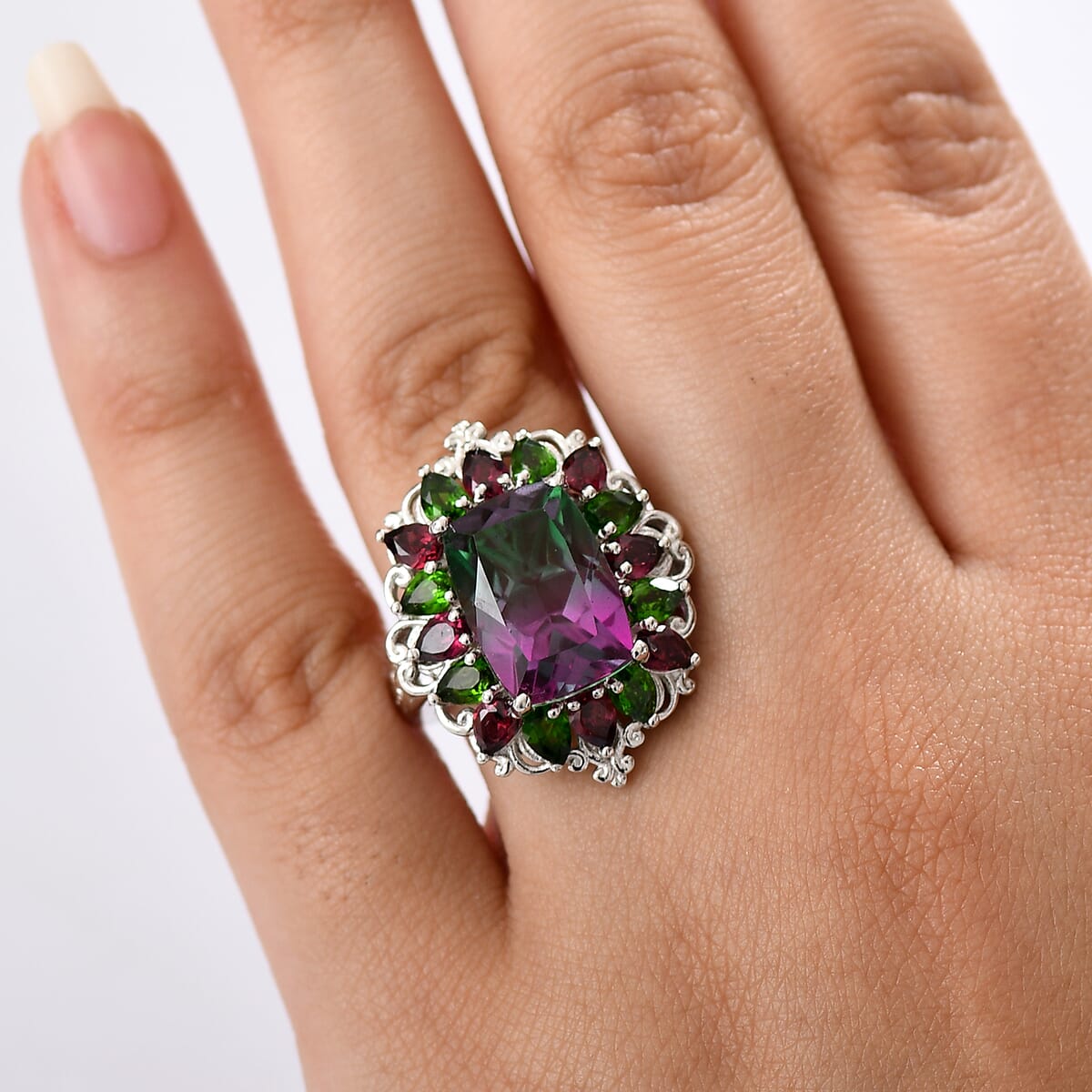 Ever True Watermelon Quartz (Triplet) and Multi Gemstone 10.25 ctw Garden of Glamour Ring in Platinum Bond (Size 10.0) image number 2