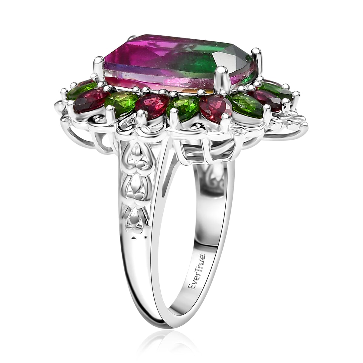 Ever True Watermelon Quartz (Triplet) and Multi Gemstone 10.25 ctw Garden of Glamour Ring in Platinum Bond (Size 10.0) image number 3