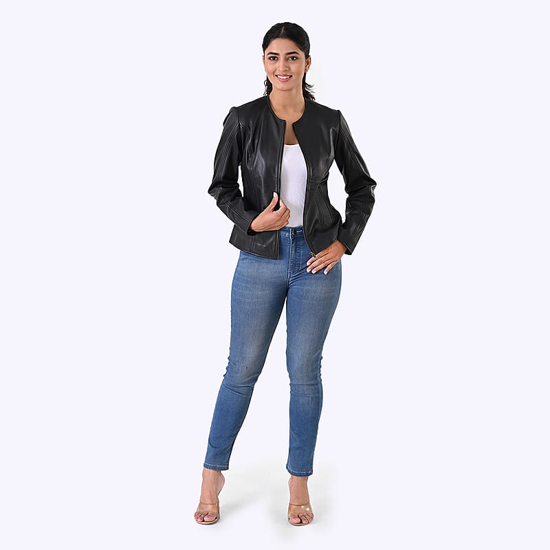 Black with Floral Lining Genuine Lambskin Jacket - M