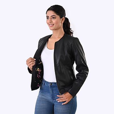 Black with Floral Lining Genuine Lambskin Jacket - M