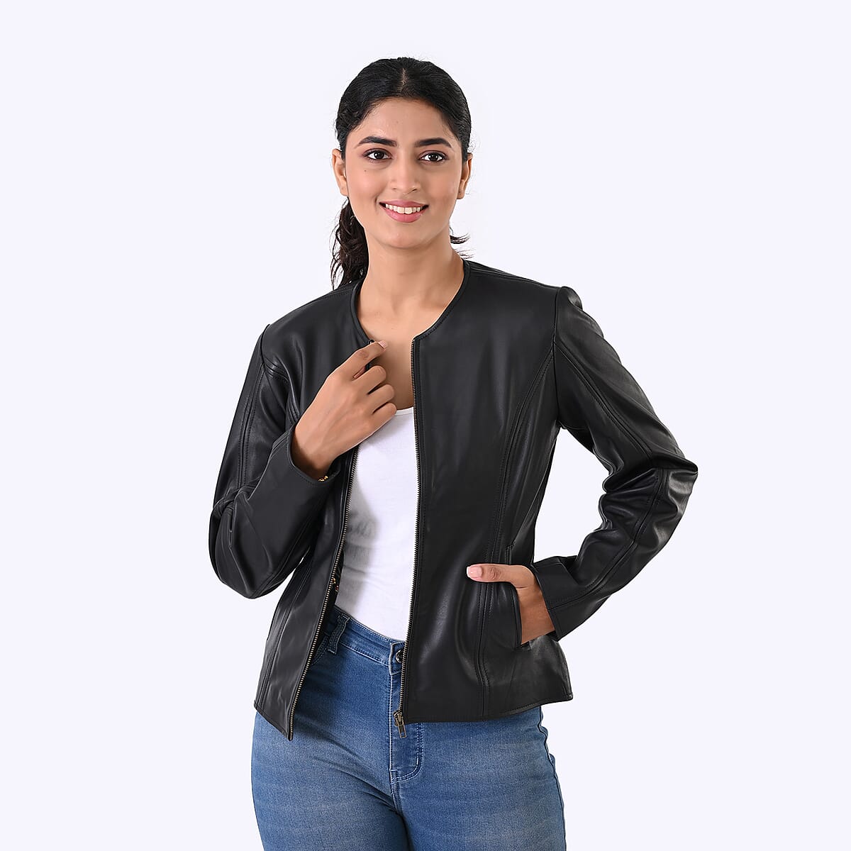  Black with Floral Lining Genuine Lambskin Jacket - L image number 2