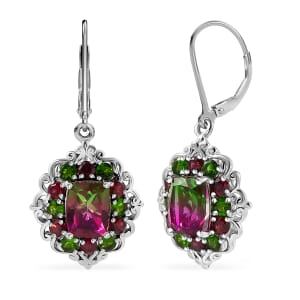 Ever True Watermelon Quartz (Triplet) and Multi Gemstone 7.50 ctw Earrings in Platinum Bond