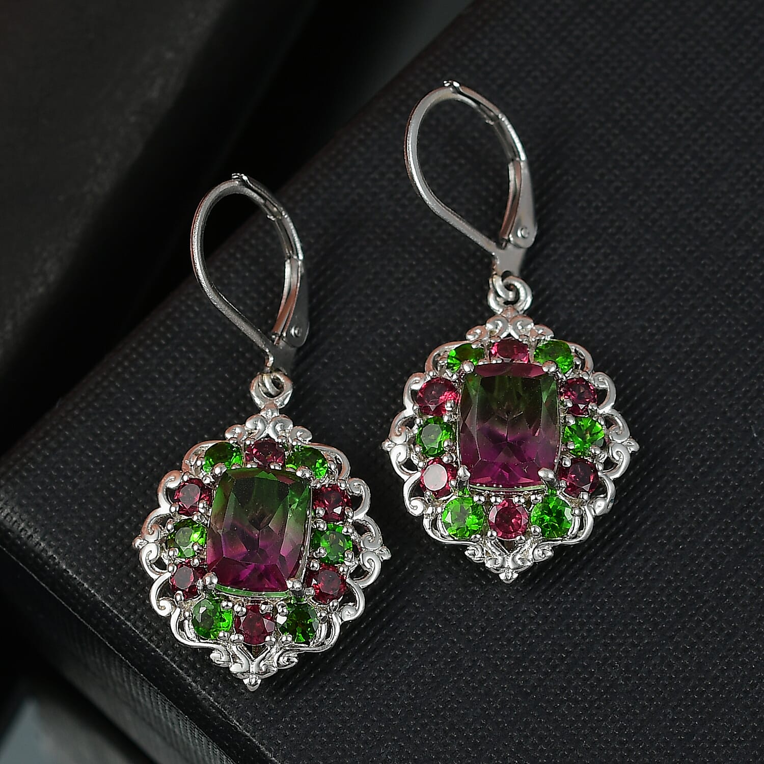 EverTrue Watermelon Quartz (Triplet) and Multi Gemstone 7.50 ctw Garden of Glamour Lever Back Earrings in Platinum Bond