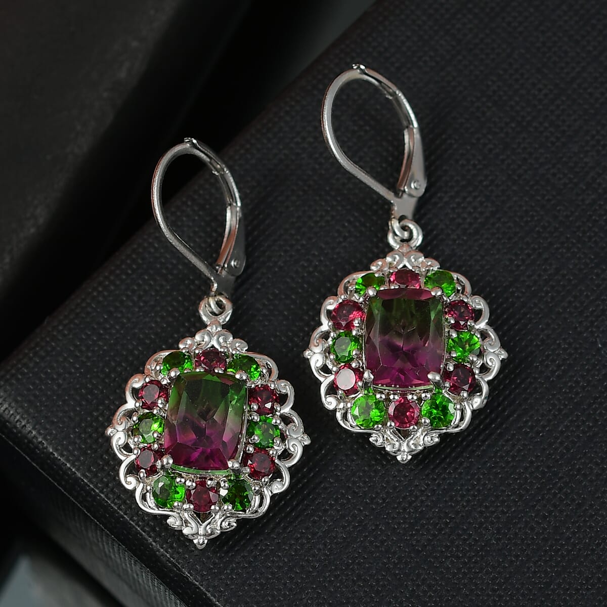 Ever True Watermelon Quartz (Triplet) and Multi Gemstone 7.50 ctw Garden of Glamour Lever Back Earrings in Platinum Bond image number 1