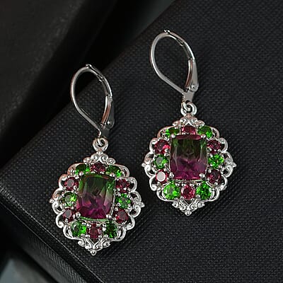 EverTrue Watermelon Quartz (Triplet) and Multi Gemstone 7.50 ctw Garden of Glamour Lever Back Earrings in Platinum Bond