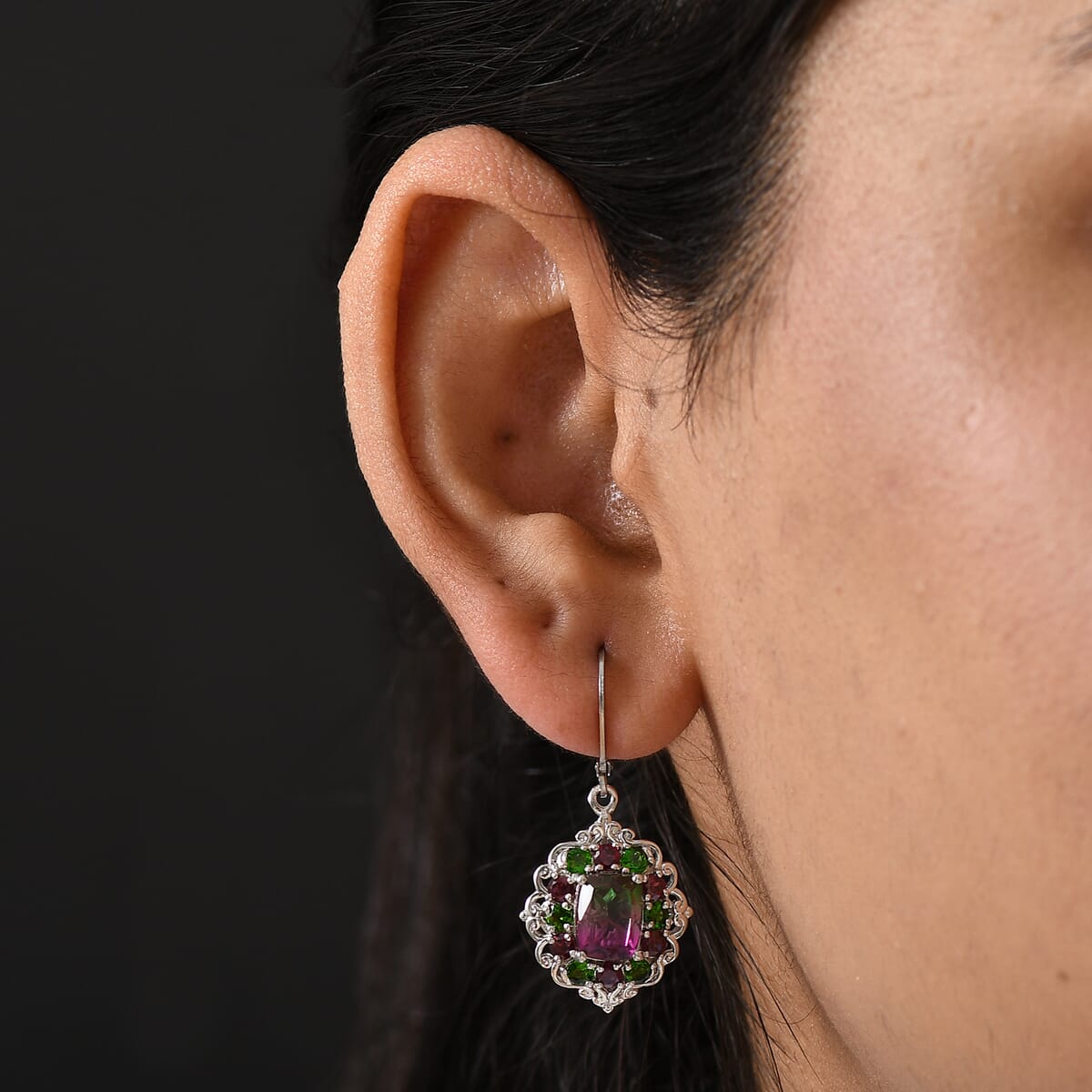 Ever True Watermelon Quartz (Triplet) and Multi Gemstone 7.50 ctw Garden of Glamour Lever Back Earrings in Platinum Bond image number 2