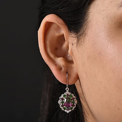 EverTrue Watermelon Quartz (Triplet) and Multi Gemstone 7.50 ctw Garden of Glamour Lever Back Earrings in Platinum Bond