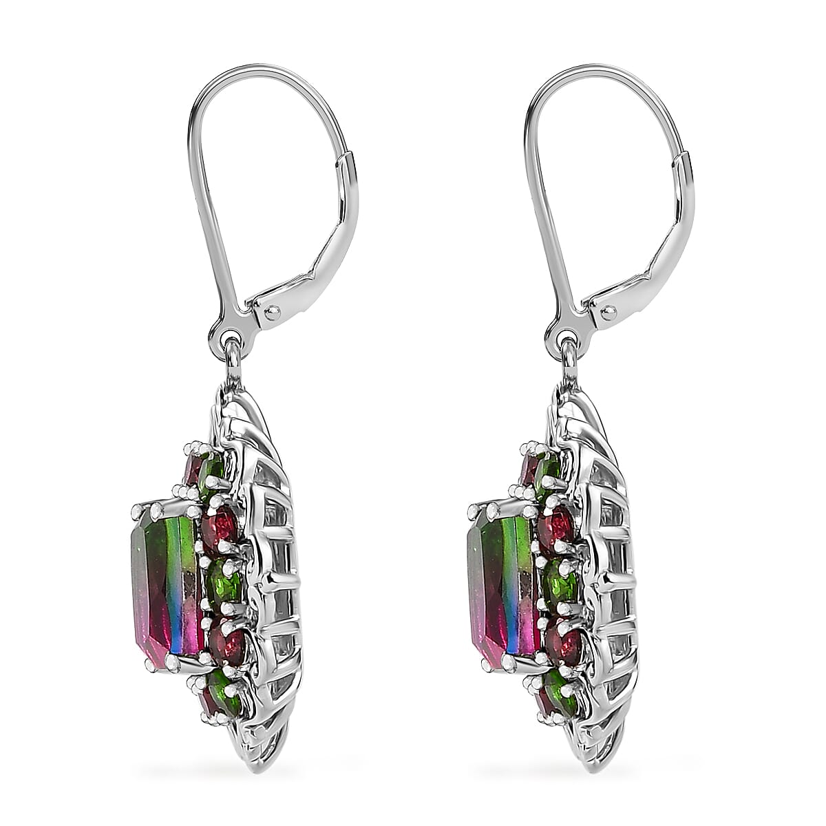 EverTrue Watermelon Quartz (Triplet) and Multi Gemstone 7.50 ctw Garden of Glamour Lever Back Earrings in Platinum Bond