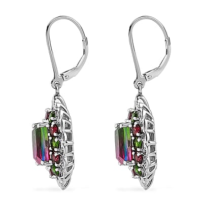 EverTrue Watermelon Quartz (Triplet) and Multi Gemstone 7.50 ctw Garden of Glamour Lever Back Earrings in Platinum Bond