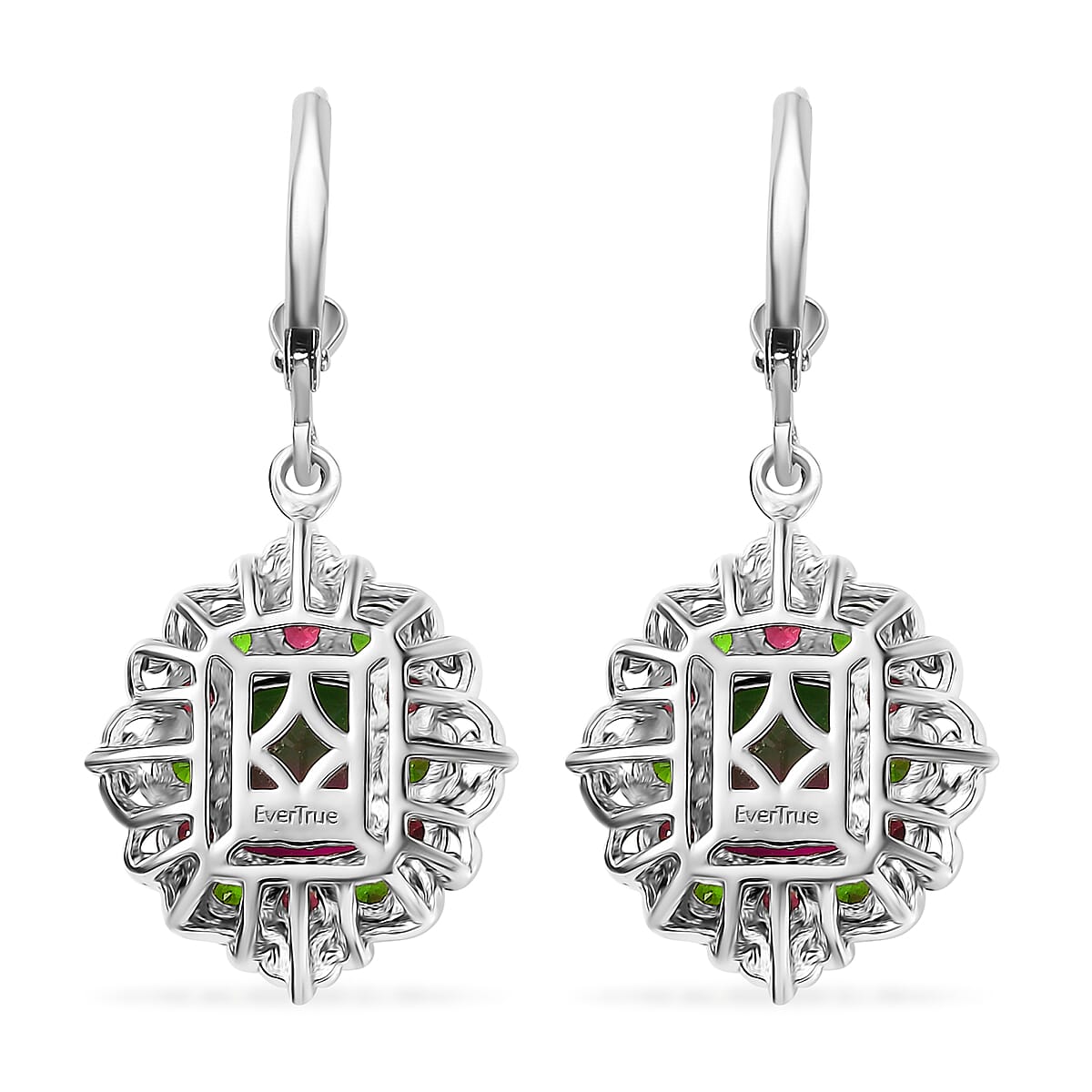 EverTrue Watermelon Quartz (Triplet) and Multi Gemstone 7.50 ctw Garden of Glamour Lever Back Earrings in Platinum Bond