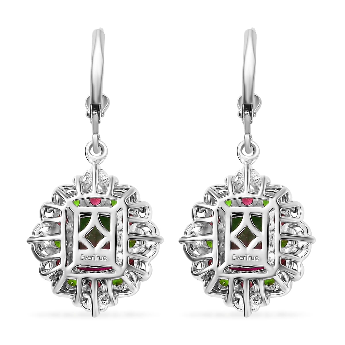 Ever True Watermelon Quartz (Triplet) and Multi Gemstone 7.50 ctw Garden of Glamour Lever Back Earrings in Platinum Bond image number 4