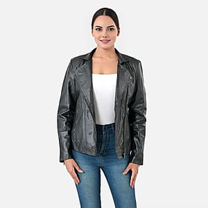 Black Shimmer 100% Genuine Lamb Leather Jacket - L 
