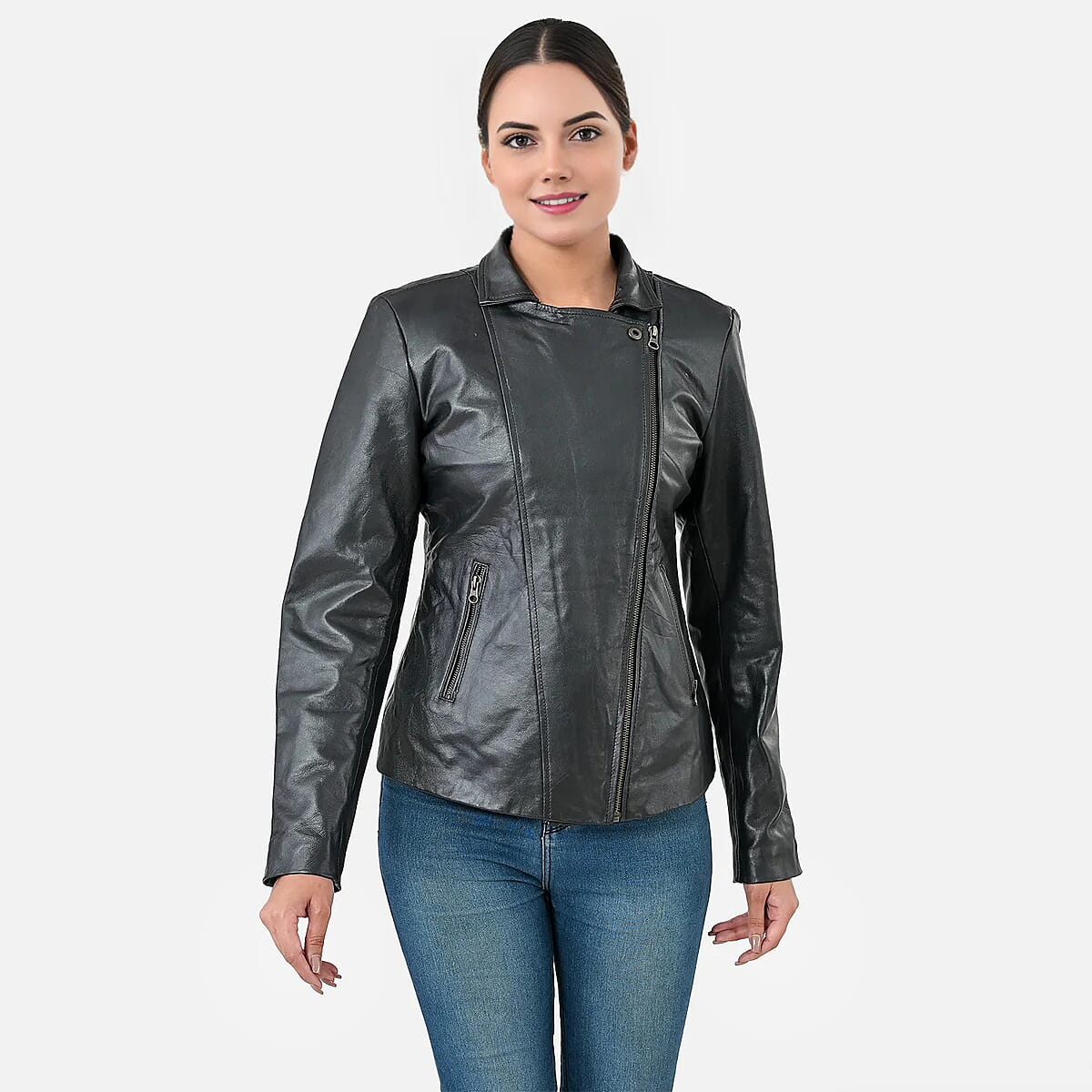 Black Shimmer 100% Genuine Lamb Leather Jacket - L  image number 1