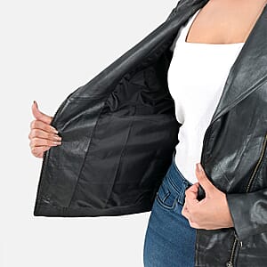 Black Shimmer 100% Genuine Lamb Leather Jacket - L 