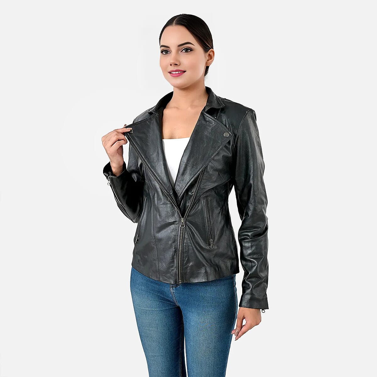 Black Shimmer 100% Genuine Lamb Leather Jacket - L  image number 3