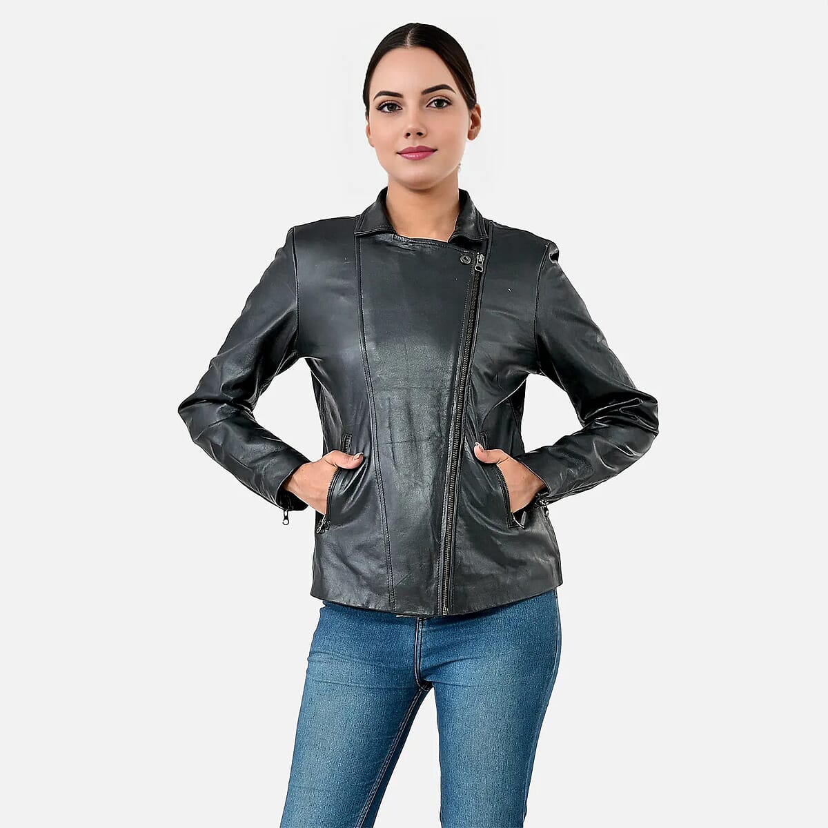 Black Shimmer 100% Genuine Lamb Leather Jacket - L  image number 4