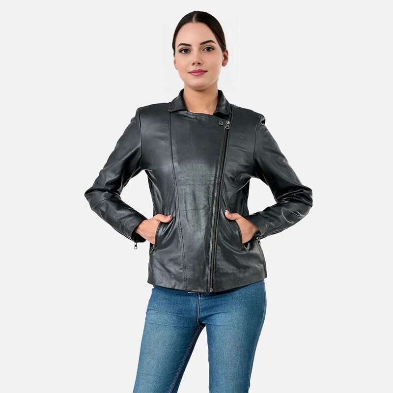 Black Shimmer 100% Genuine Lamb Leather Jacket - L