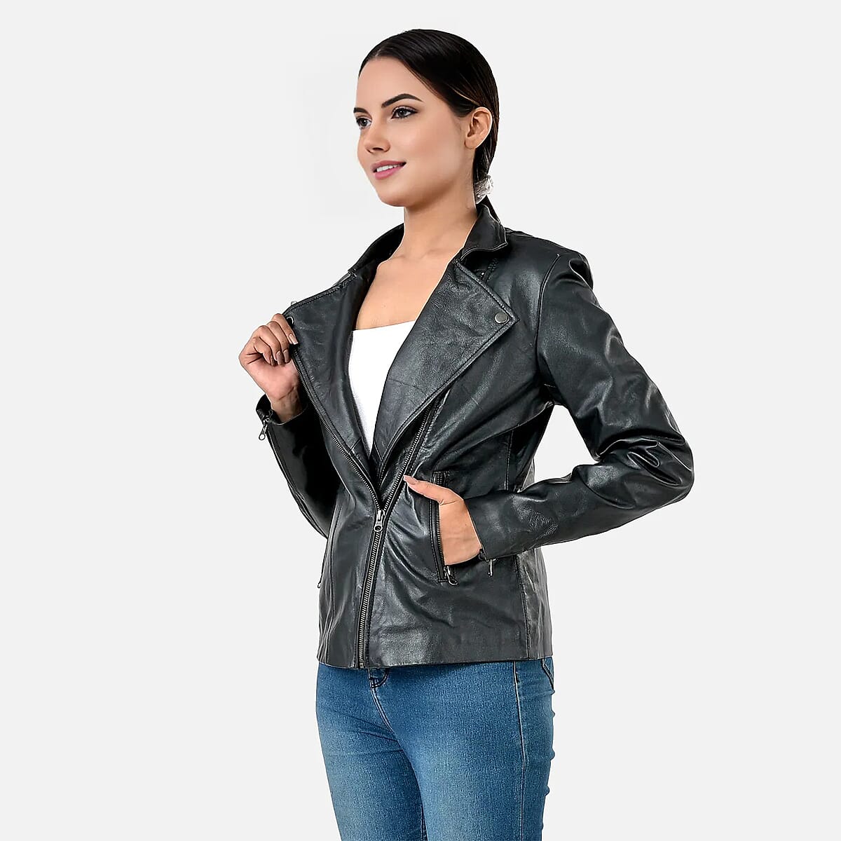 Black Shimmer 100% Genuine Lamb Leather Jacket - L  image number 5