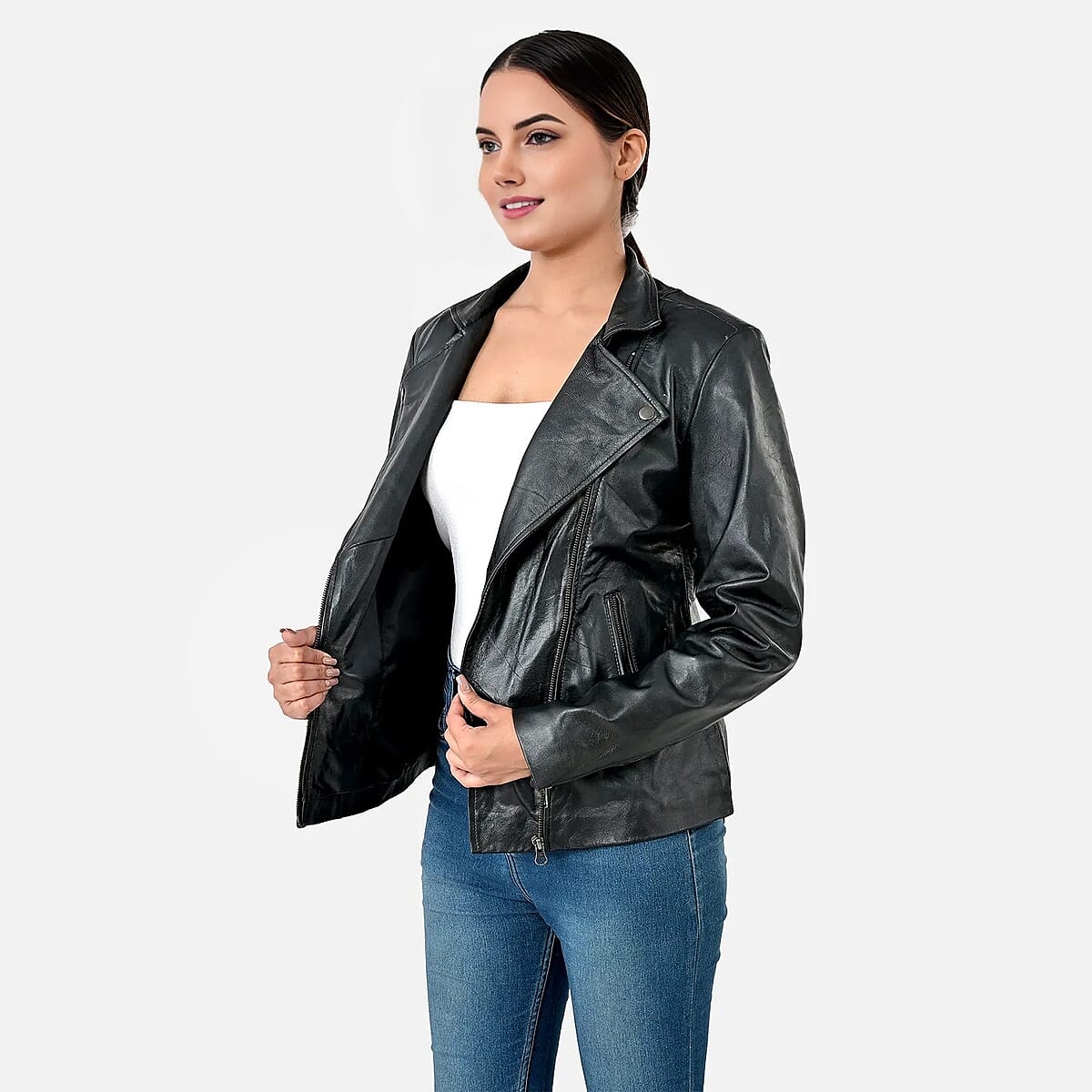 Black Shimmer 100% Genuine Lamb Leather Jacket - L  image number 6