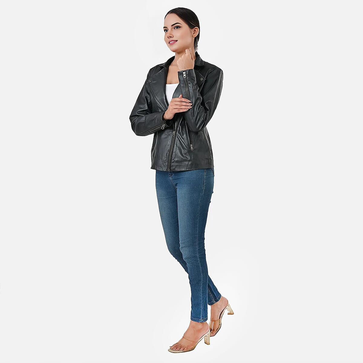 Black Shimmer 100% Genuine Lamb Leather Jacket - L  image number 7