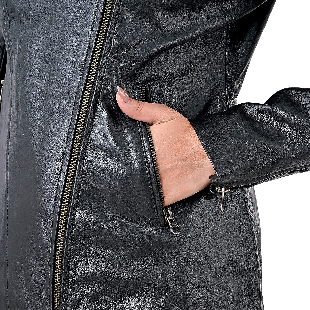 Black Shimmer 100% Genuine Lamb Leather Jacket - L  image number 8