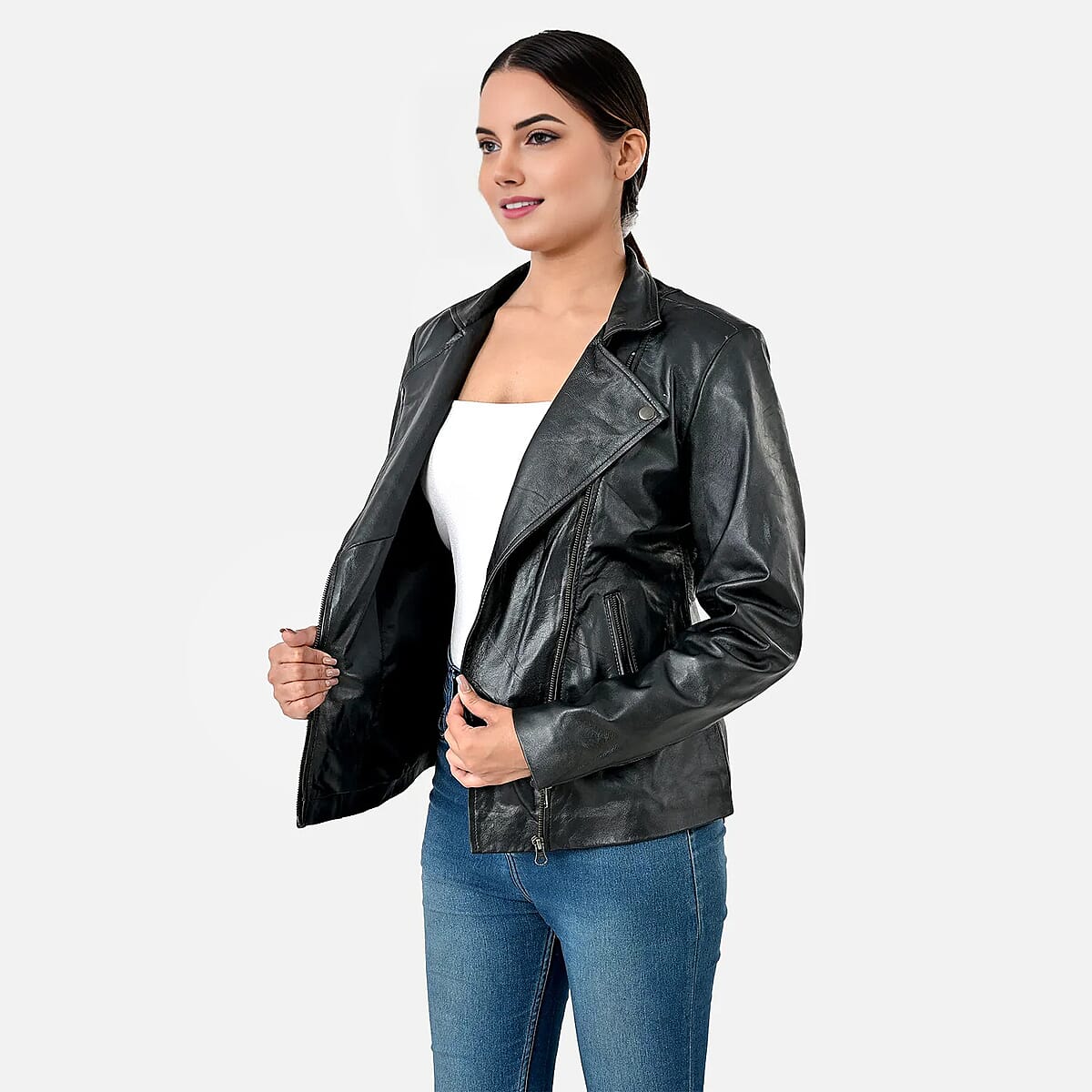 Black Shimmer 100% Genuine Lamb Leather Jacket - M image number 6