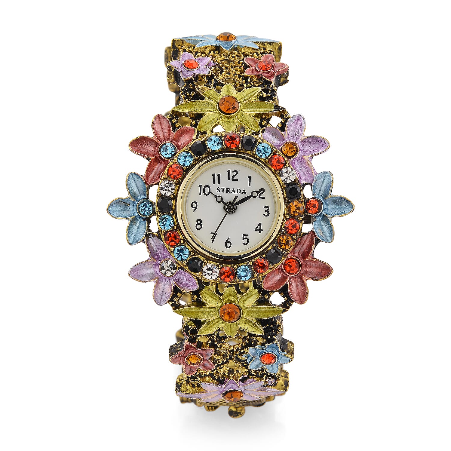 Strada Multi Color Austrian Crystal Japanese Movement Flower Bangle Watch in bronze plating black oxidised