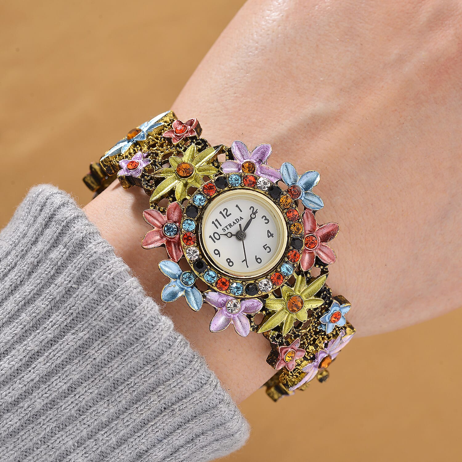 Strada Multi Color Austrian Crystal Japanese Movement Flower Bangle Watch in bronze plating black oxidised