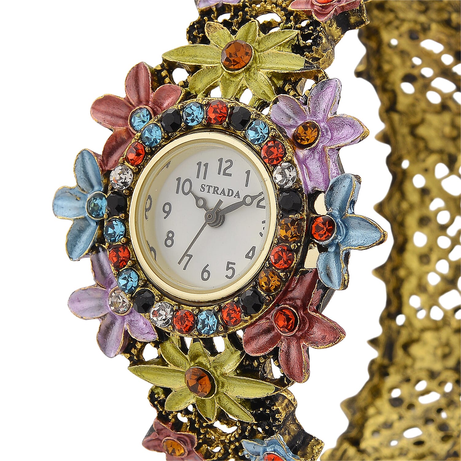 Strada Multi Color Austrian Crystal Japanese Movement Flower Bangle Watch in bronze plating black oxidised