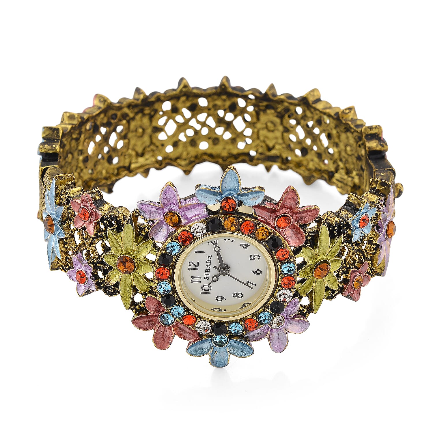 Strada Multi Color Austrian Crystal Japanese Movement Flower Bangle Watch in bronze plating black oxidised