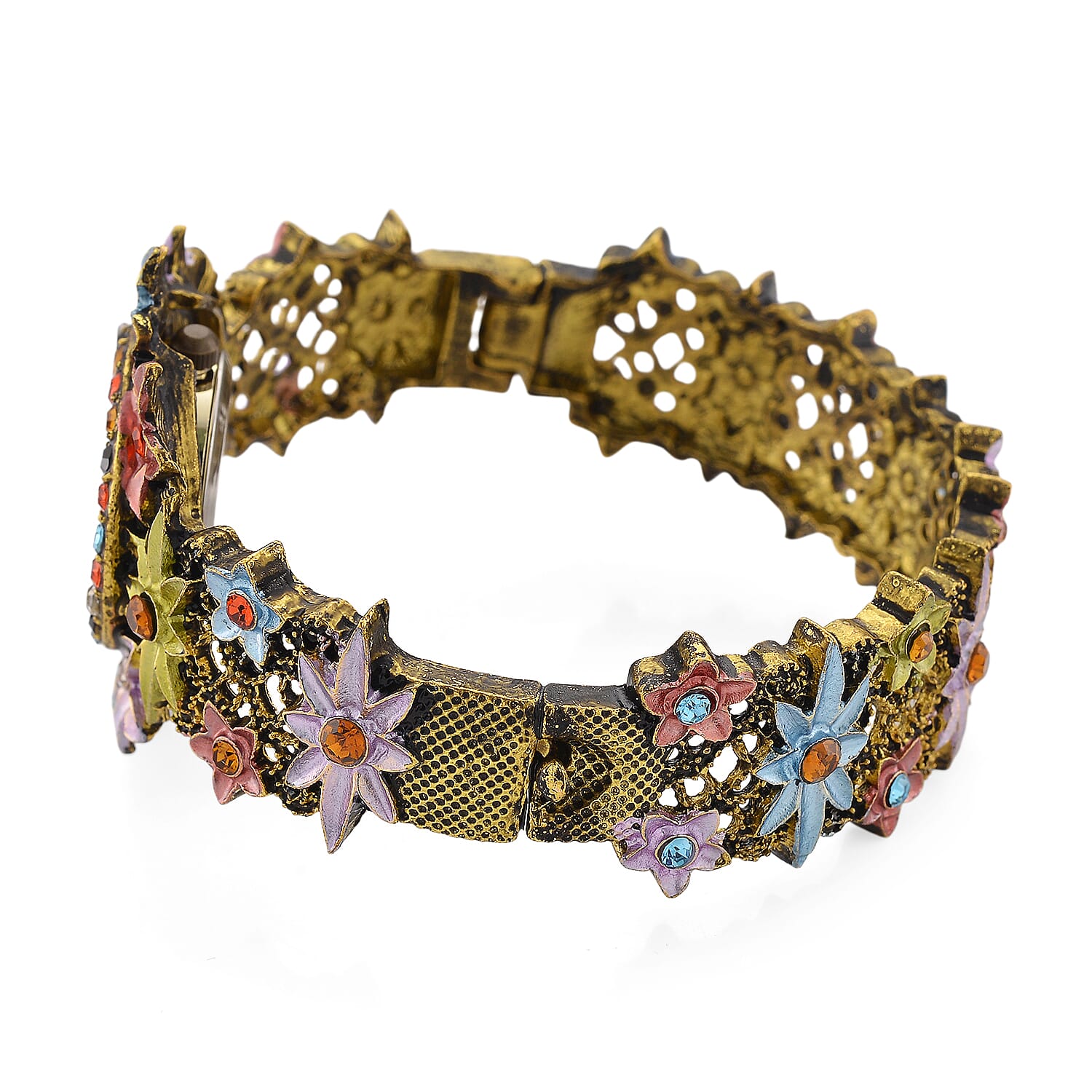 Strada Multi Color Austrian Crystal Japanese Movement Flower Bangle Watch in bronze plating black oxidised