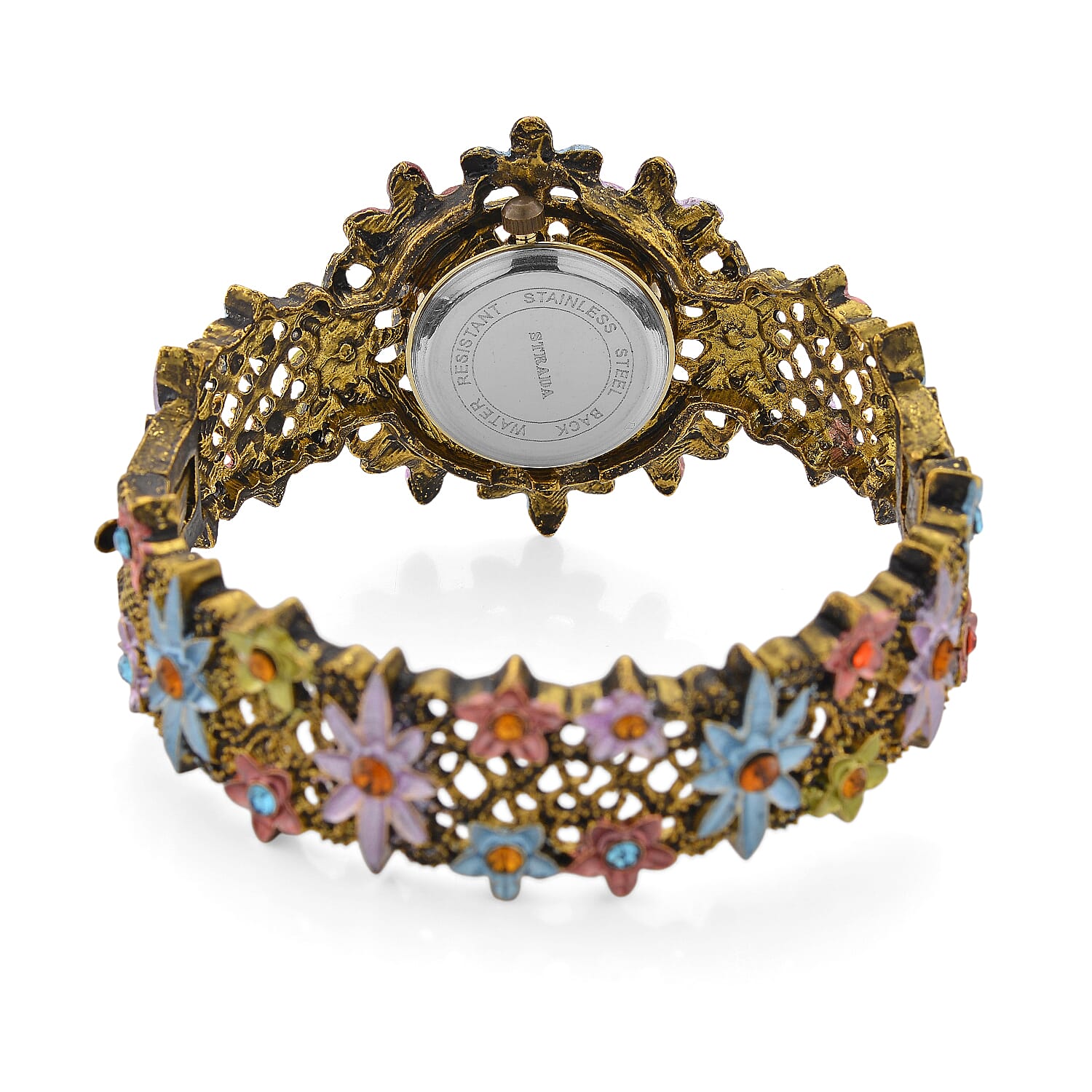 Strada Multi Color Austrian Crystal Japanese Movement Flower Bangle Watch in bronze plating black oxidised
